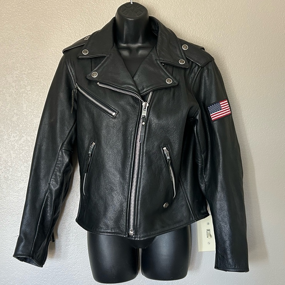 Harley-Davidson Women's  Black Leather Motorcycle Biker Jacket Flag Patch USA XS